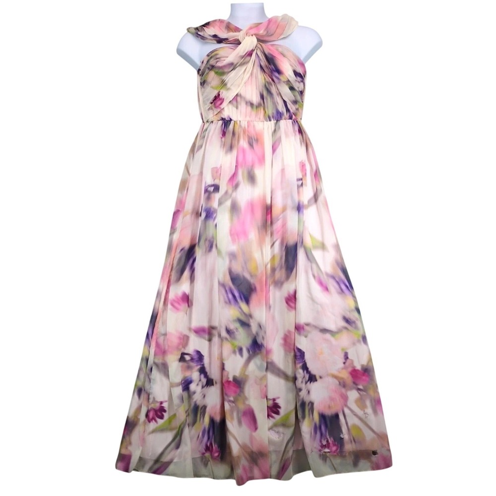 NWT Alex Marie Pink Floral Chiffon Maxi Dress Sz 10 Twist Halter Formal *Flaws